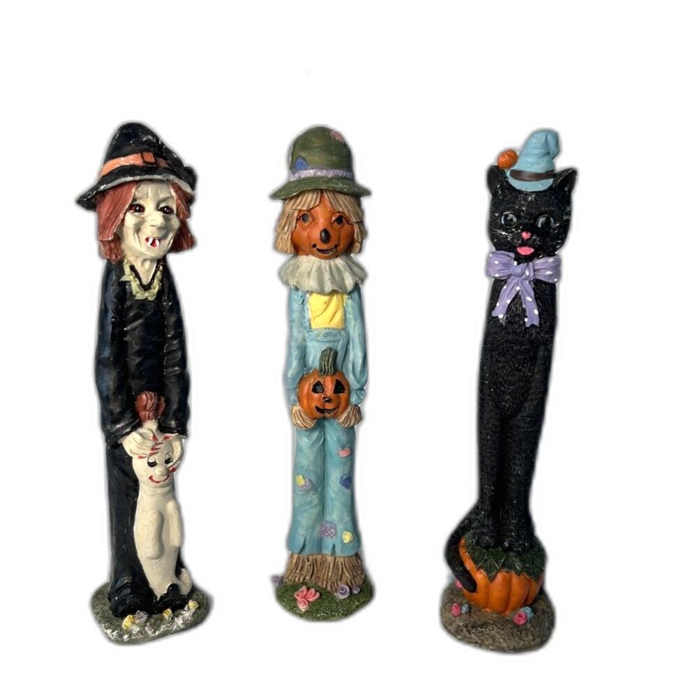 Tall Skinny Halloween Trio Scarecrows, Witch, And Black Cat Figurines 7"